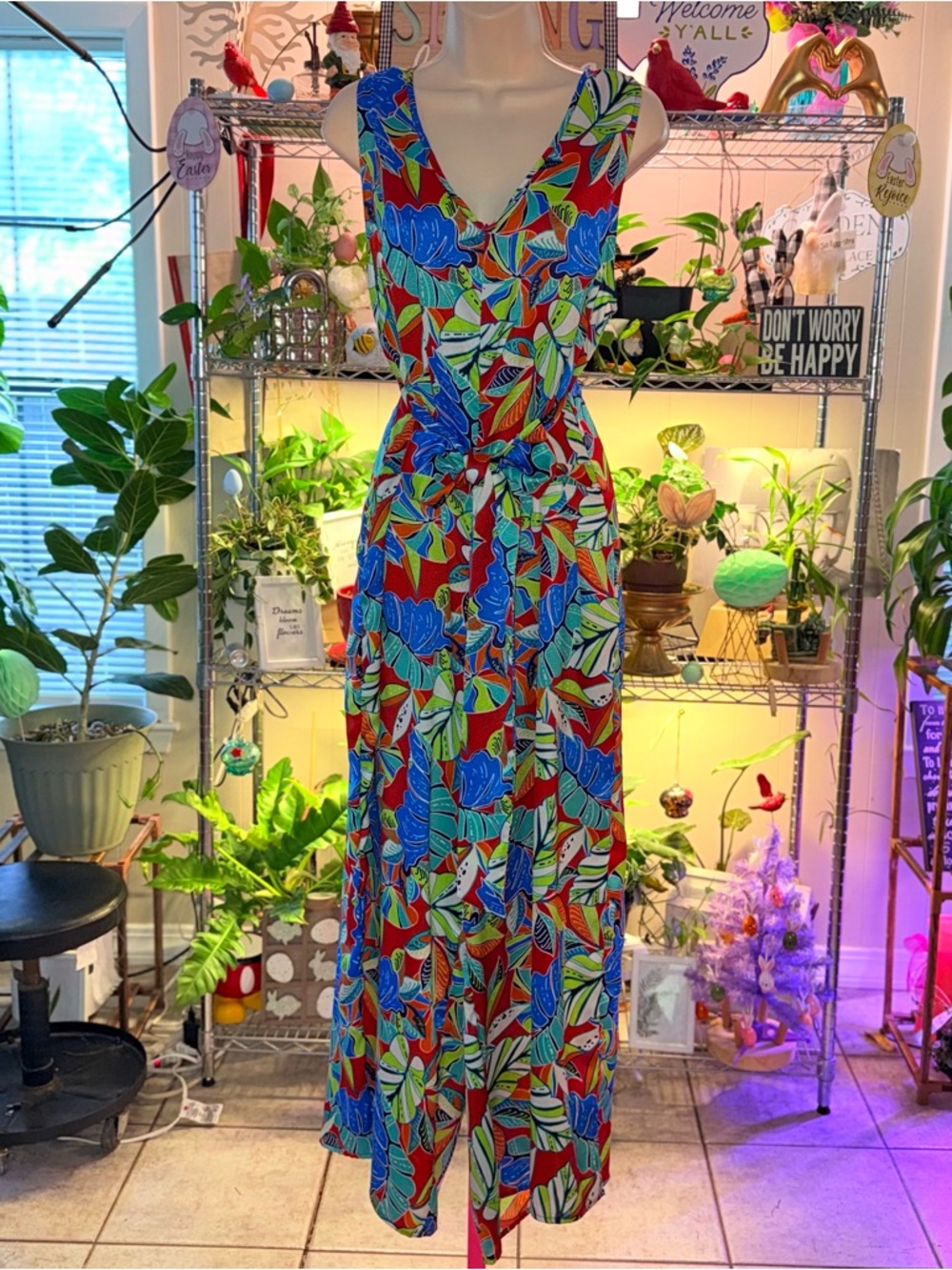 Nicole Miller Sz XL Vibrant Multicolor Leaf-Print V-Neck Womens Dress